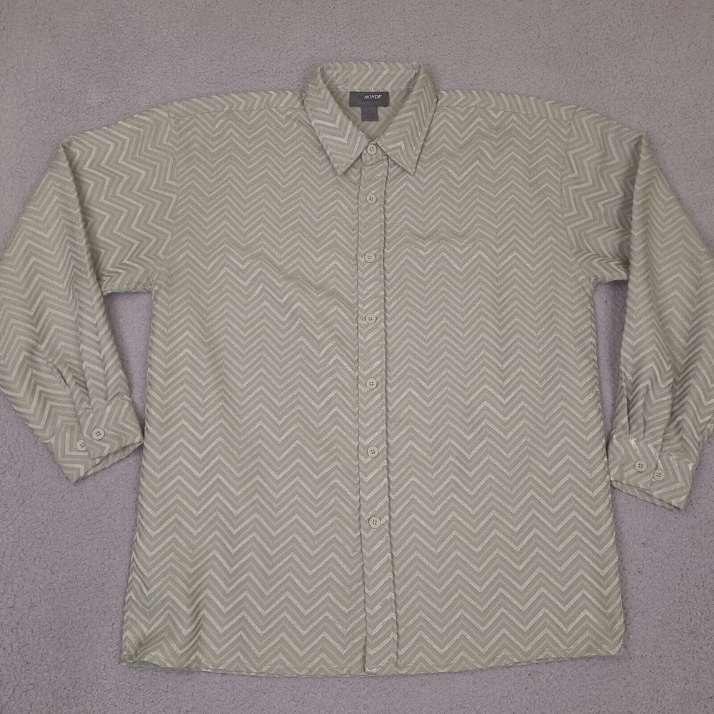 Le Monde Homme Couture Shirt Men's XL Green Striped Zigzag Long Sleeve Button Up